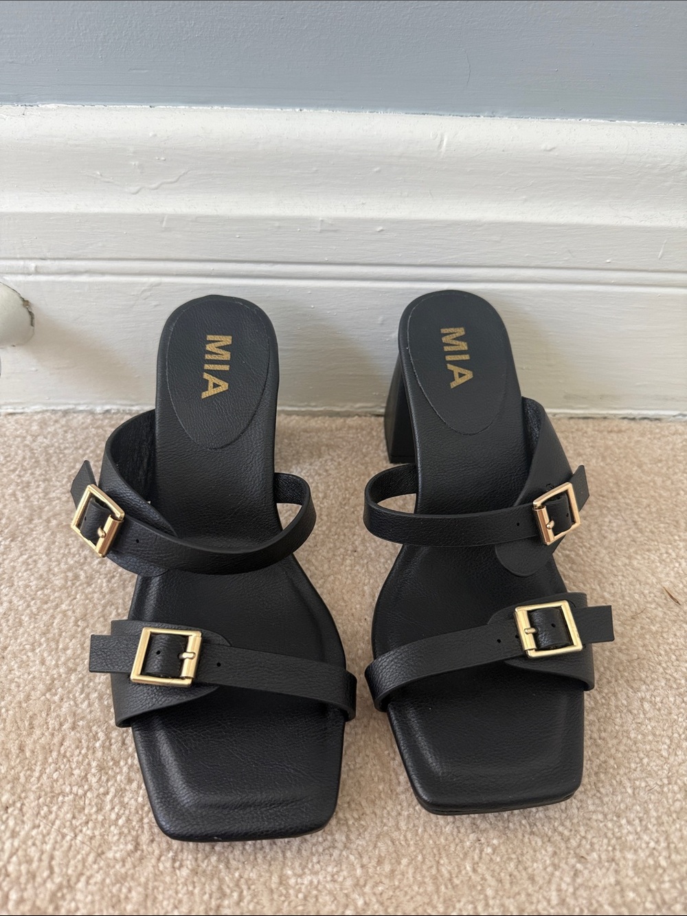 MIA Black Strappy Block Heel Sandals with Gold Buckles